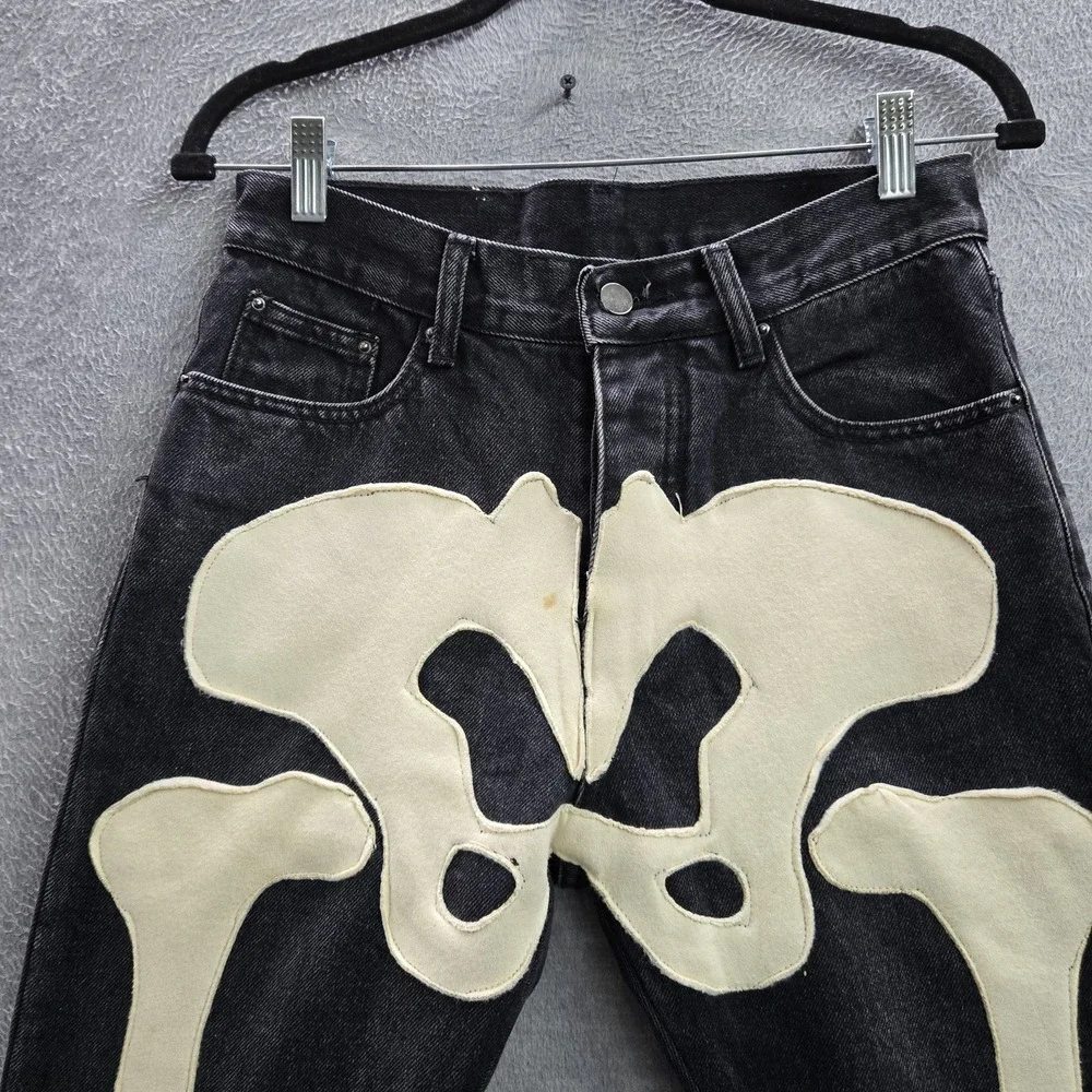 MNML Men Jeans 28 Black Denim Skinny Skeleton Patchwork Emo Goth Grunge Y2K READ